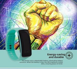 Detail view of mint green LED digital wristband featuring energy-saving battery technology