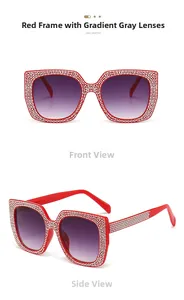 Front and side views of red oversized square sunglasses with sparkling white rhinestones