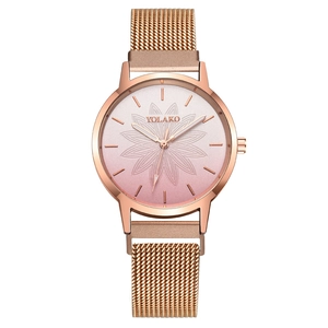 Fashionable rose gold women's quartz watch featuring a pink gradient floral print dial