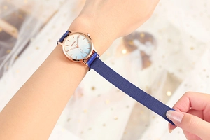 Close-up detail of women's quartz watch featuring a blue magnetic mesh strap