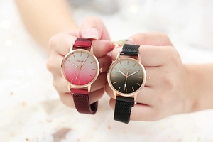 Close-up of elegant ladies quartz watches with gradient floral dials and magnetic straps