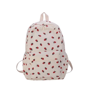 Corduroy strawberry pattern backpack in cream white with main compartment and front pocket