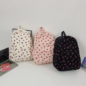 Corduroy school backpack for women featuring cute strawberry prints in white, pink, and black