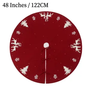 48 inch red Christmas tree skirt with white embroidered reindeer and snowflake patterns