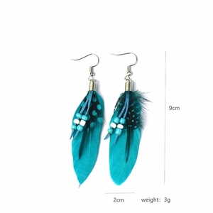 Detail showing 9cm peacock blue feather earrings with beads and length specifications