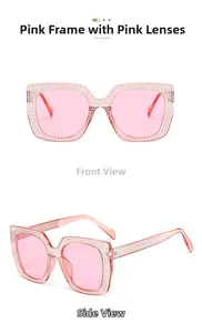 Detail of pink crystal square sunglasses featuring rhinestone encrusted frames and lenses