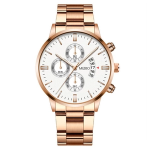 Rose gold men's business watch with white dial, three-eye calendar, and steel band