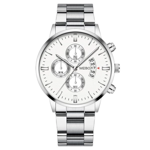 Classic silver steel business watch with white dial and triple sub-dial chronograph display