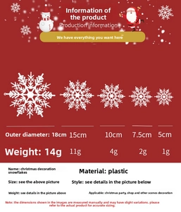 Detailed size chart for white plastic snowflake ornaments in 18cm, 15cm, and 10cm diameters