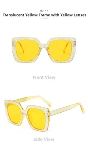 Detail view of transparent yellow square sunglasses with sparkling rhinestone embellishments