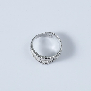 Macro shot of silver angel wing ring showing intricate feather textures and open band