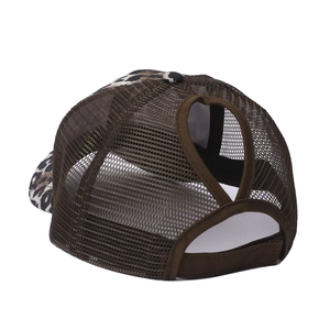 Women leopard print ponytail baseball cap with breathable mesh and cross-back opening