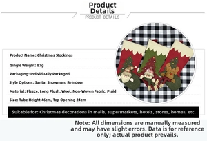 Detail showing Santa Claus snowman and reindeer Christmas stockings with dimensions and plush fabric