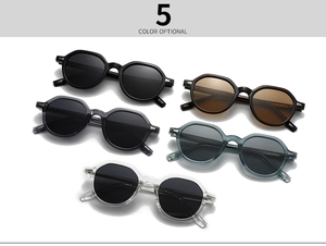 Detail showing five assorted vintage round frame polarized sunglasses with metal accents
