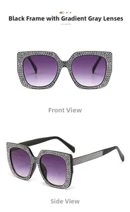 Macro detail of luxury square sunglasses with black frame and crystal-encrusted temples