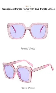 Macro detail of purple square sunglasses with sparkling rhinestone embellishments