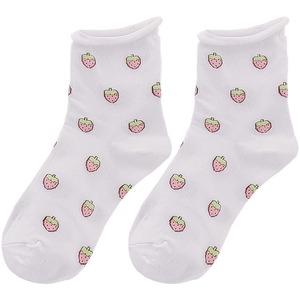 White cotton mid-calf socks with pixelated strawberry print and rolled edge cuffs