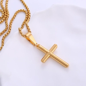 Minimalist 18k gold plated stainless steel cylinder cross pendant on a gold box chain