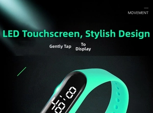 Macro view of neon green LED sports watch featuring a large touch screen display