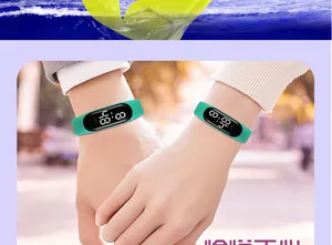Close-up of two green waterproof LED sports watches on wrists during outdoor activities