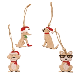 Set of 4 rustic wooden Christmas tree ornaments featuring dogs with festive hats and scarves