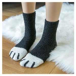 Thick warm coral fleece socks with cat paw pattern for cozy indoor winter wear