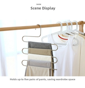 Detail of S-shaped 5-tier stainless steel pants hanger saving closet space