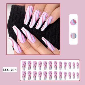 Detail of long coffin press-on nails with blue and pink wave design and 24 piece set layout