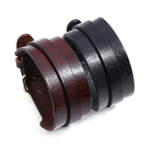 Detailed view of multilayer wide leather bracelets in brown and black with metal clasps