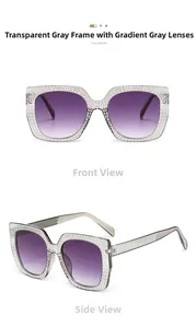 Detailed close-up of crystal-embellished grey frame sunglasses with gradient lenses