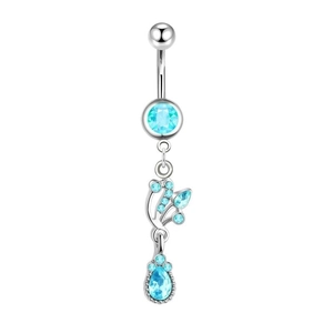 Silver stainless steel belly button ring with light blue gemstones in leaf vine design