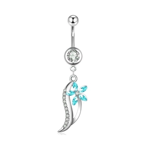Stainless steel navel ring with blue teardrop zircon flower and clear crystal accents