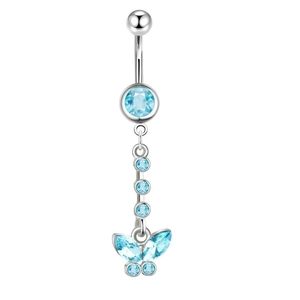 Detailed macro view of 14G stainless steel belly ring with blue butterfly tassel charms