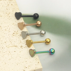 Frosted heart tongue rings in black, rose gold, silver, gold, and rainbow stainless steel