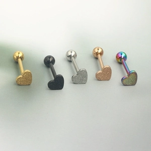 Heart-shaped frosted stainless steel tongue rings in gold, black, silver, and rose gold