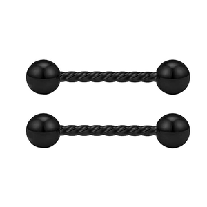 Close-up of black stainless steel nipple rings with spiral textured barbells and ball ends