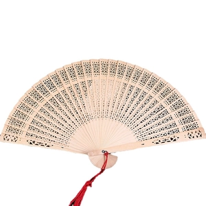 8-inch wooden folding fan with intricate hollow patterns and a decorative red tassel