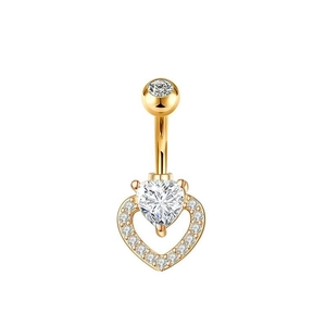 Detailed view of a gold-plated heart-shaped belly ring with sparkling zircon stones