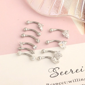 Silver stainless steel curved barbell set with cubic zirconia for eyebrow and ear piercings