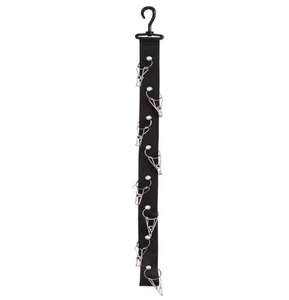 Close-up of durable black nylon strap with 8 metal clips for organizing caps and socks