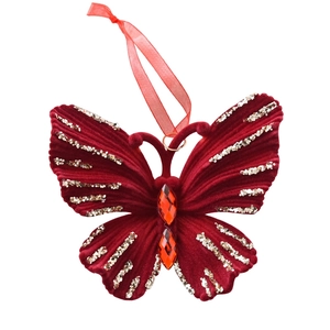 Red velvet butterfly Christmas ornament with gold sequins and sparkling crystals