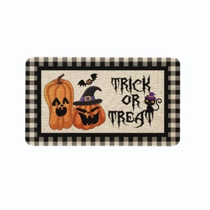 Halloween pumpkin floor mat with Trick or Treat text and black cat for home decor