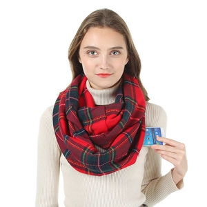 Detail showing red checkered neck warmer with a hidden pocket holding a mobile phone