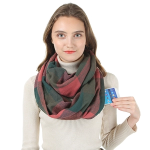 Macro detail of red and green plaid cashmere scarf featuring a functional phone pocket