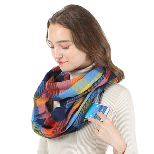 Detail showing a functional hidden pocket on a checkered faux cashmere scarf for smartphone storage