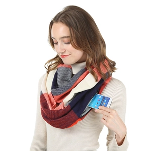 Detail of checkered cashmere scarf featuring a hidden zipper pocket for smartphone storage