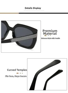 Detailed view of luxury oversized cat eye sunglasses with shimmering rhinestone temples