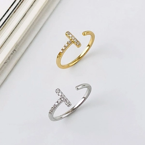 925 Sterling Silver T-Shaped Open Ring Minimalist Geometric Adjustable Rhinestone Finger Ring For Women Jewelry Gift