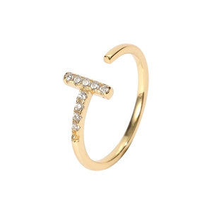 Elegant gold plated s925 silver open ring with T-shape sparkling zircon inlay