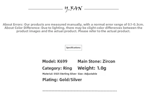 Detailed specifications for the S925 sterling silver zircon ring with adjustable sizing
